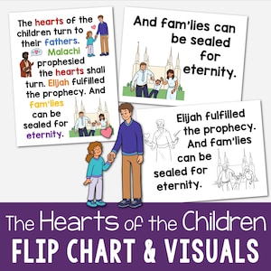 May include: A purple and white flip chart titled "The Hearts of the Children" with visuals. The visuals include illustrations of families, text about prophecy, and the phrase "sealed for eternity."