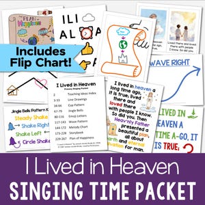 May include: A collection of colorful cards and charts for a children's singing time packet. The cards feature illustrations, text, and the phrase "I Lived in Heaven." Includes a flip chart and various teaching aids.