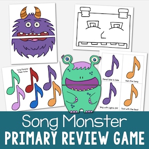 May include: A set of illustrated cards for a music game, featuring cartoon monsters and musical notes. Instructions such as "Bend Side to Side" are included. The text "Song Monster PRIMARY REVIEW GAME" is displayed at the bottom of the image.