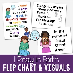 May include: A set of illustrated cards with text and images about prayer. The cards feature children and phrases like "I kneel to pray" and "Dear Heavenly Father." The title "I Pray in Faith" is displayed on a purple banner.