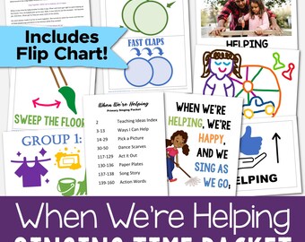 May include: A collection of educational activity sheets titled When We're Helping Singing Time Packet, featuring illustrated cards with text, a song story, a flip chart, and instructional graphics for children, all displayed on a white background.