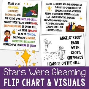 Op de afbeelding: Een paars flip-chart met de tekst "Stars Were Gleaming Flip Chart & Visuals". De kaart bevat illustraties en tekst over het kerstverhaal, waaronder herders, engelen en sterren. De illustraties zijn kleurrijk en de tekst is in een duidelijk lettertype.