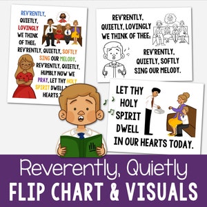 May include: A colorful flip chart with illustrations and text that reads "Reverently, Quietly. Let thy Holy Spirit dwell in our hearts today." The chart is designed for use in a church or religious setting.