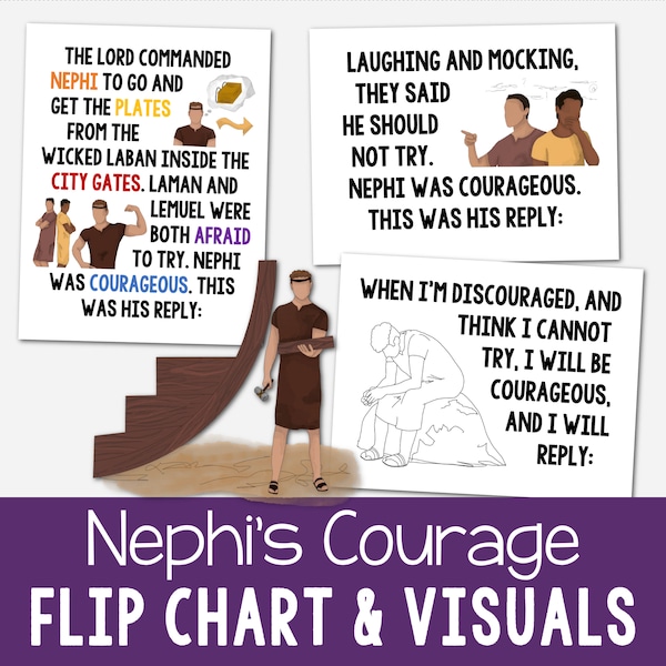 Nephi's Courage Flip Chart & Visual Aids Teach Lyrics 2024 Come Follow Me Diashow Schwarz Weiß Farbe druckbare PDF LDS Primärer Musikführer