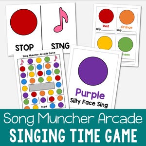 Op de afbeelding: Een printbaar spelbord voor een "Song Muncher Arcade"-spel. Het spelbord heeft een kleurrijk raster van cirkels met een pad dat naar een "Start"-cirkel leidt. Het spelbord bevat ook een "Stop"- en een "Zing"-kaart met een rode cirkel en een noot.