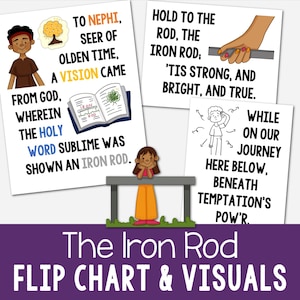 May include: A colorful flip chart with illustrations and text about the Iron Rod from the Book of Mormon. The text reads "To Nephi, Seer of Olden Time, A Vision Came From God, Wherein The Holy Word Sublime Was Shown An Iron Rod." and "Hold to the Rod, The Iron Rod: 'Tis Strong, And Bright, And True. While On Our Journey Here Below, Beneath Temptation's Pow'r."