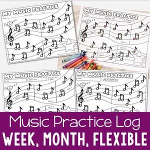 Music Practice Tracker | Piano log, sheet, reward chart with Weekly, Monthly, and Flexible Dates Color-in Notes for Practicing an Instrument