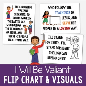 May include: Four colorful illustrations with text about being a valiant servant. The illustrations feature a person holding a sword, a person holding a sign that says "Truth", a person holding a sign that says "Righty", and a person standing in front of a fence.