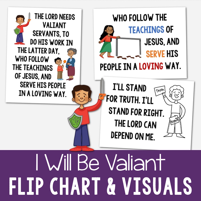 I Will Be Valiant Flip Chart Visual Aids Singing Time Come Follow Me Illustrations Lyrics Slideshow Printable PDF Primary Book of Mormon LDS image 1