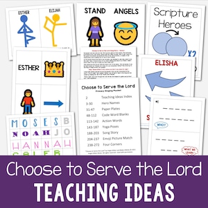 Puede incluir: Un conjunto de materiales didácticos coloridos con el texto "Choose to Serve the Lord TEACHING IDEAS". Los materiales incluyen ilustraciones de figuras de palo, coronas y emojis, junto con texto como "Scripture Heroes" y "Yoga Poses".