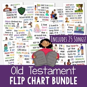 May include: A bundle of Old Testament flip charts with colorful illustrations and text. The charts feature Bible stories and songs, with the phrase "Includes 25 Songs!" prominently displayed. The title "Old Testament Flip Chart Bundle" is at the bottom.