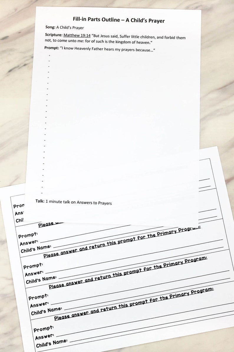 May include: A white paper document titled Fill-in Parts Outline &ndash; A Child's Prayer, featuring a scripture reference, a prompt, and a list of lines. Beneath it, a second sheet contains multiple sections with fields for Prompt, Answer, and Child's Name.