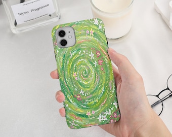 Floral Green Swirl Art Phone Case Slim/Tough Cover for iPhone 17 16 15 14 13 12 11 Pro Max, 2026 17e/16e, Mini, Air, 7/8 Plus, SE, XS, XR