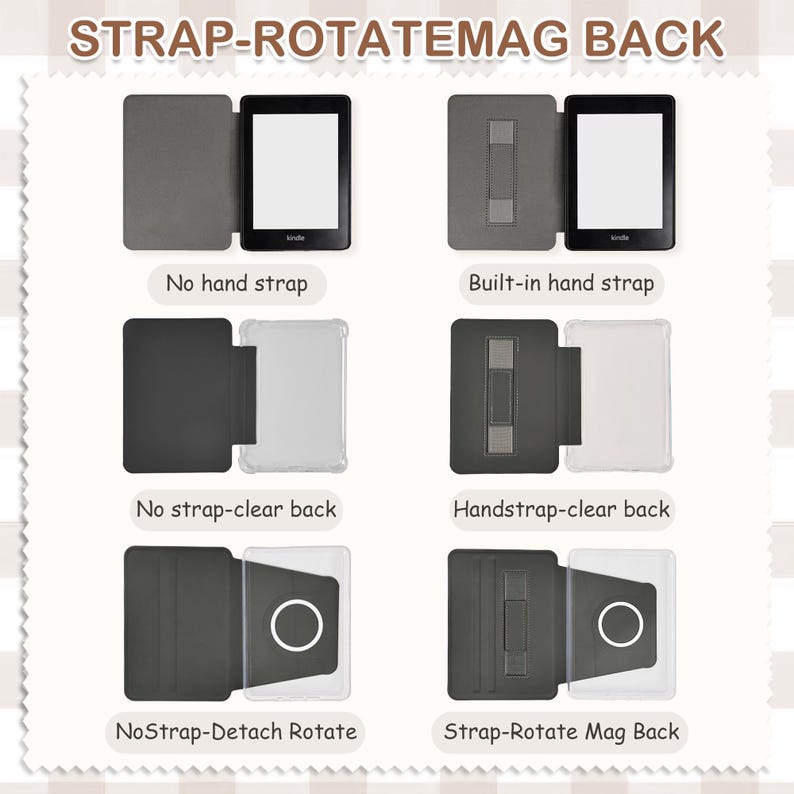 May include: A comparison chart titled STRAP-ROTATEMAG BACK showing six variations of e-reader cases. Options include versions with or without a hand strap, clear backs, and detachable magnetic rotating mounts for various device configurations.