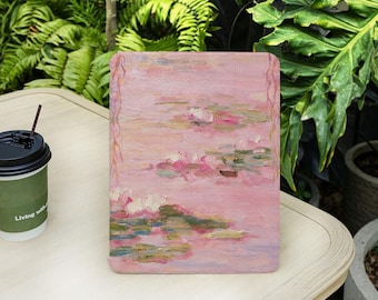 Water Lily Oil Painting Inspiration Pink iPad Case with Pencil Holder for Air 5/6/7th 13/11in iPad Pro M5 iPad 8/9/10/11th Gen A16, Mini 6/7