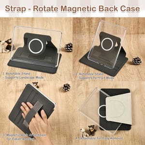 May include: A clear and black tablet case featuring a rotatable magnetic back stand that supports landscape and portrait modes. The case includes a hand strap for reading and a detachable magnetic back attachment for easy removal of the device.