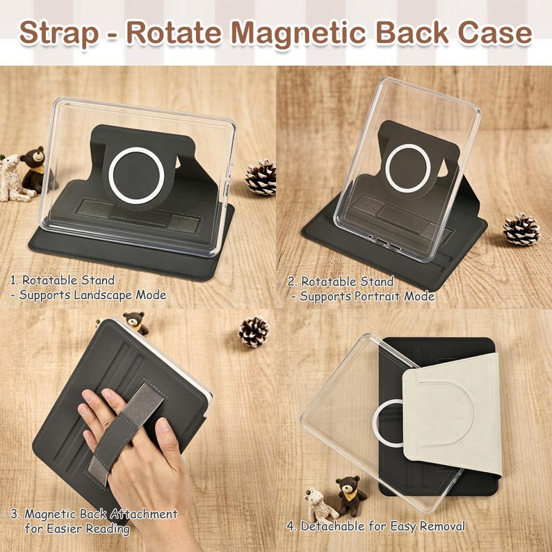 May include: A clear and black tablet case featuring a rotatable magnetic back stand that supports landscape and portrait modes. The case includes a hand strap for reading and a detachable magnetic back attachment for easy removal of the device.