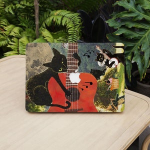 May include: A black cat plays a red acoustic guitar with a black cat in a top hat playing a banjo in the background. The image is a collage with a vintage aesthetic.