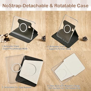 May include: A clear tablet case with a detachable, rotatable black magnetic stand. The text reads NoStrap-Detachable & Rotatable Case, 1. Rotatable Stand - Supports Landscape Mode, 2. Rotatable Stand - Supports Portrait Mode, 3. Detachable for Easy Removal, 4. Clear Back with Magnetic Design - Not Suitable for One-Handed Use.