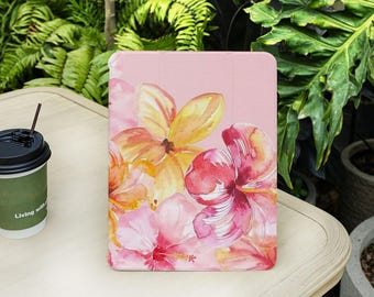 Watercolor Flower iPad Case with Pencil Holder Cover for iPad Air 5/6/7th 13/11 inch 2025 iPad Pro 12.9" iPad 9/10/11 Gen A16 iPad Mini 6/7