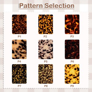 May include: A grid of nine rectangular swatches labeled P1 through P9 under the heading Pattern Selection. Each swatch displays a unique tortoiseshell pattern in varying shades of brown, black, amber, and cream, featuring distinct mottled designs.
