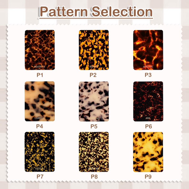 May include: A grid of nine rectangular swatches labeled P1 through P9 under the heading Pattern Selection. Each swatch displays a unique tortoiseshell pattern in varying shades of brown, black, amber, and cream, featuring distinct mottled designs.