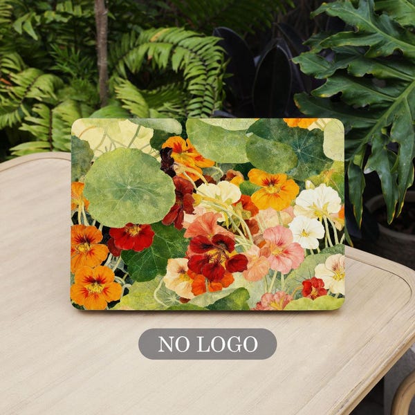 May include: A rectangular floral design featuring a watercolour painting of orange, red, pink, and white flowers with green leaves. The words "NO LOGO" are printed on a grey rectangle at the bottom.