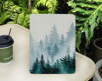 Custodia per iPad con motivo foresta nebbiosa e portapenna, compatibile con iPad Air 4/5/6/7a generazione 10,9" 11" 13", iPad Pro 12,9", iPad 8/9/10/11a generazione A16, Mini 6/7.