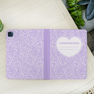 Purple Composition Book Cute iPad Case with Pencil Holder Cover for iPad Air 4/5/6/7 11" 13" iPad Pro 12.9 Inch, iPad 8/9/10/11 Gen,Mini 6/7