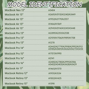 May include: A green chart titled "MODEL IDENTIFICATION" lists various MacBook models and their corresponding model numbers. Models include MacBook Neo, Air, Pro, and Retina versions, with screen sizes ranging from 11 to 16 inches.