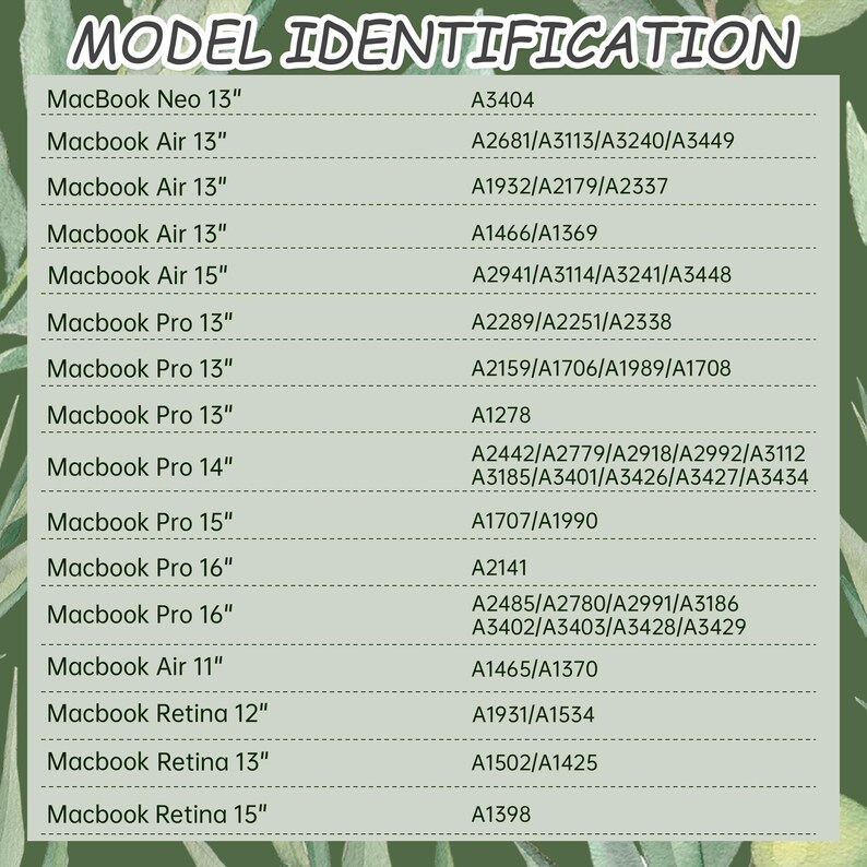 May include: A green chart titled "MODEL IDENTIFICATION" lists various MacBook models and their corresponding model numbers. Models include MacBook Neo, Air, Pro, and Retina versions, with screen sizes ranging from 11 to 16 inches.