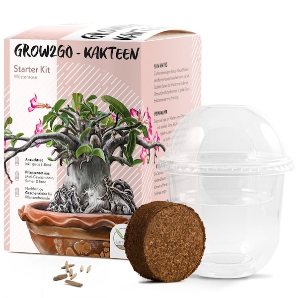 GROW2GO Kakteen Starter Kit Anzuchtset - Pflanzset aus Mini-Gewächshaus, Kaktus Samen & Erde (Wüstenrose)