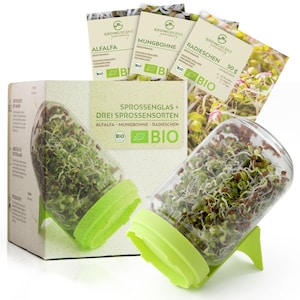 Sprouting jar set with 3 organic sprouting seeds - Microgreens cultivation kit for crisp sprouts (alfalfa, mung bean, radish)