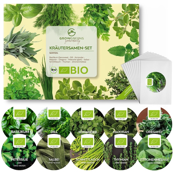 BIO Kräutersamen Set (10 Sorten) - Küchenkräuter Anzuchtset aus biologischem Anbau ideal für den heimischen Kräutergarten, Balkon & Garten