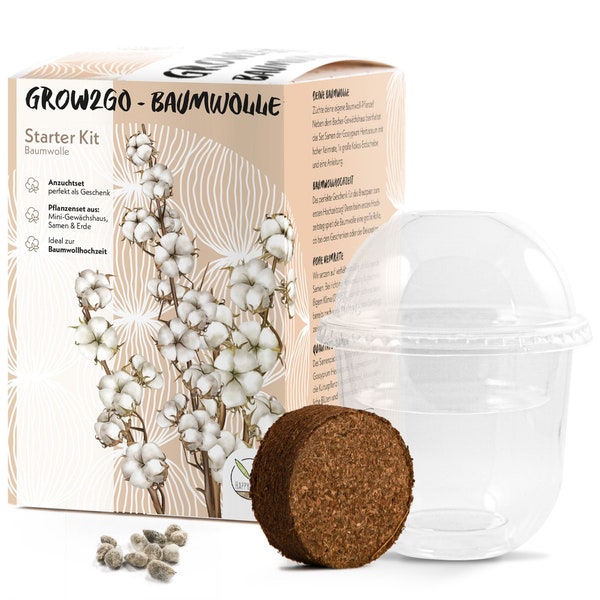 GROW2GO Baumwoll-Pflanzset ideal zur Baumwollhochzeit - Starter Kit Anzuchtset aus Mini-Gewächshaus, Baumwollsamen & Erde