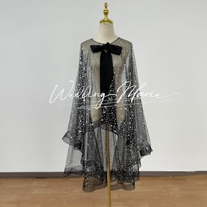 Star Glitter Tulle Bridal Cape: Black Wedding Capelet