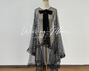 Star Glitter Tulle Bridal Cape: Black Wedding Capelet