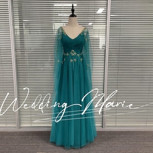 Long Sleeved Prom Dress, Fairy Sleeves Dress, V-neckline Dress, Teal Evening Dress, Bridesmaid Dress, Graduation Dress, Support Custom Size