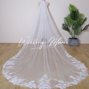 Flower Wedding Veil With Pearl Embellishments, Cathedral Length Veil, Floral Bridal Veil, New Arrival Veil, Comb Veil, Support Custom