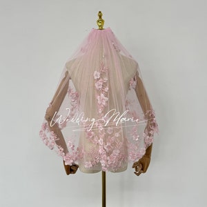 Pink Wedding Veil, Pink Tulle With Pink Floral Veil, Princess Style Bridal Veil, Elbow Length Veil, Single-layer Comb Veil, Support Custom
