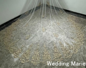 Vintage Wedding Veil, Gold Lace Bridal Veil, Royal Length Veil, Single Layer Comb Veil, Shimmer Lace With Sequins, Custom Veil