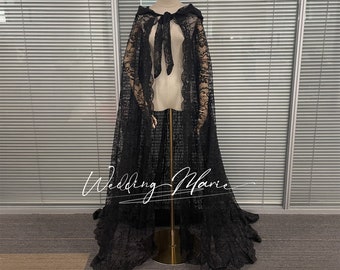 Handmade Black Floral Lace Hooded Cape: Bridal Cloak