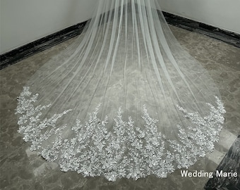 Unique Wedding Veil, Leaf Veil, Floral Sequined Appliques Veil, One Tier Comb Veil, Cathedral Veil, Rural Bridal Veil, Custom Veil