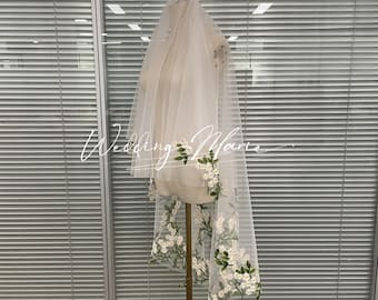 Double-layer Wedding Veil, Green Leaf/White Daisy Veil, Bridal Veil With Blusher, Fingertip Length Veil, Floral Wedding Veil, Custom Veil