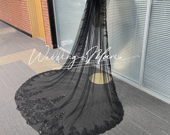 Black Bridal Veil, Unique Wedding Veil, Vintage Wedding Veil, Bridal Mantilla Veil With Comb, One Tier Veil, Chapel Veil, Custom Veil