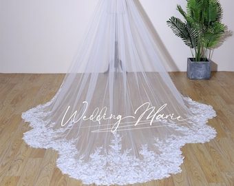 Voile de mariage unique, Voile d'appliques florales, avec embellissements de perles, Voile de mariée féerique, Voile cathédrale un étage, Voile peigne, Voile personnalisé