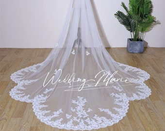 Petal Trailing Veil, Vintage Wedding Veil, Cathedral Veil, One Tier Comb Veil, Lace Bridal Veil, Custom Wedding Veil