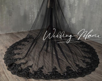 Dramatic Black Tulle Veil With Black Lace Appliques & Sparkling Sequins - Perfect for the Bold Bride