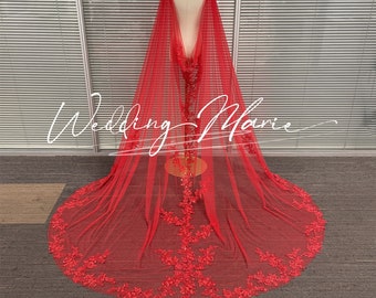 Red Cape Veil, Unique Wedding Veil, Floral Cape Veil With Sequin Embellishments, Bridal Gown Cape, Chapel Cape Veil For Bride, Custom Cape