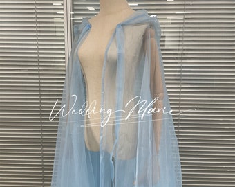 Light Blue Organza Hooded Cape: Fairy Bridal Wedding Dress Cape